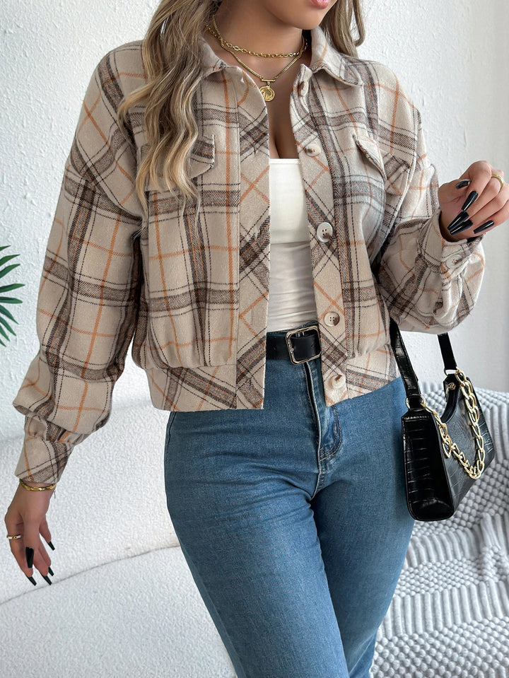 Tovaphine | Women's Shacket Cropped Plaid Flannel Shirt Jacket — Beige