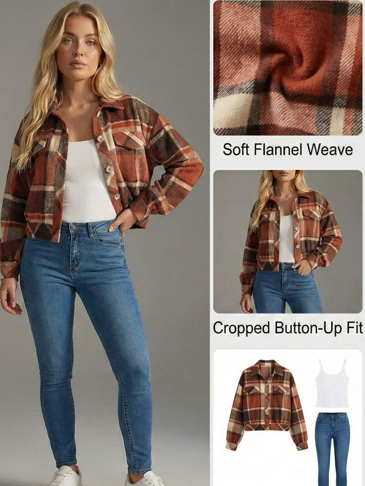 Tovaphine | Women's Shacket Cropped Plaid Flannel Shirt Jacket — 1