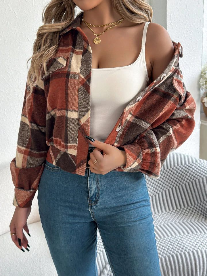 Tovaphine | Women's Shacket Cropped Plaid Flannel Shirt Jacket — 2