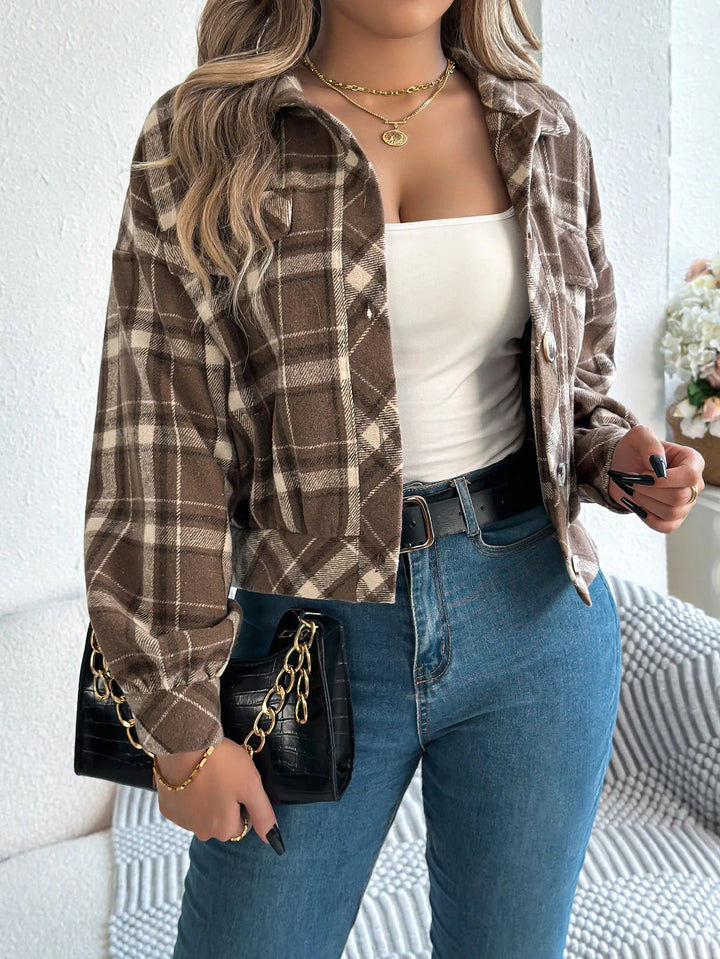 Tovaphine | Women's Shacket Cropped Plaid Flannel Shirt Jacket — Brown
