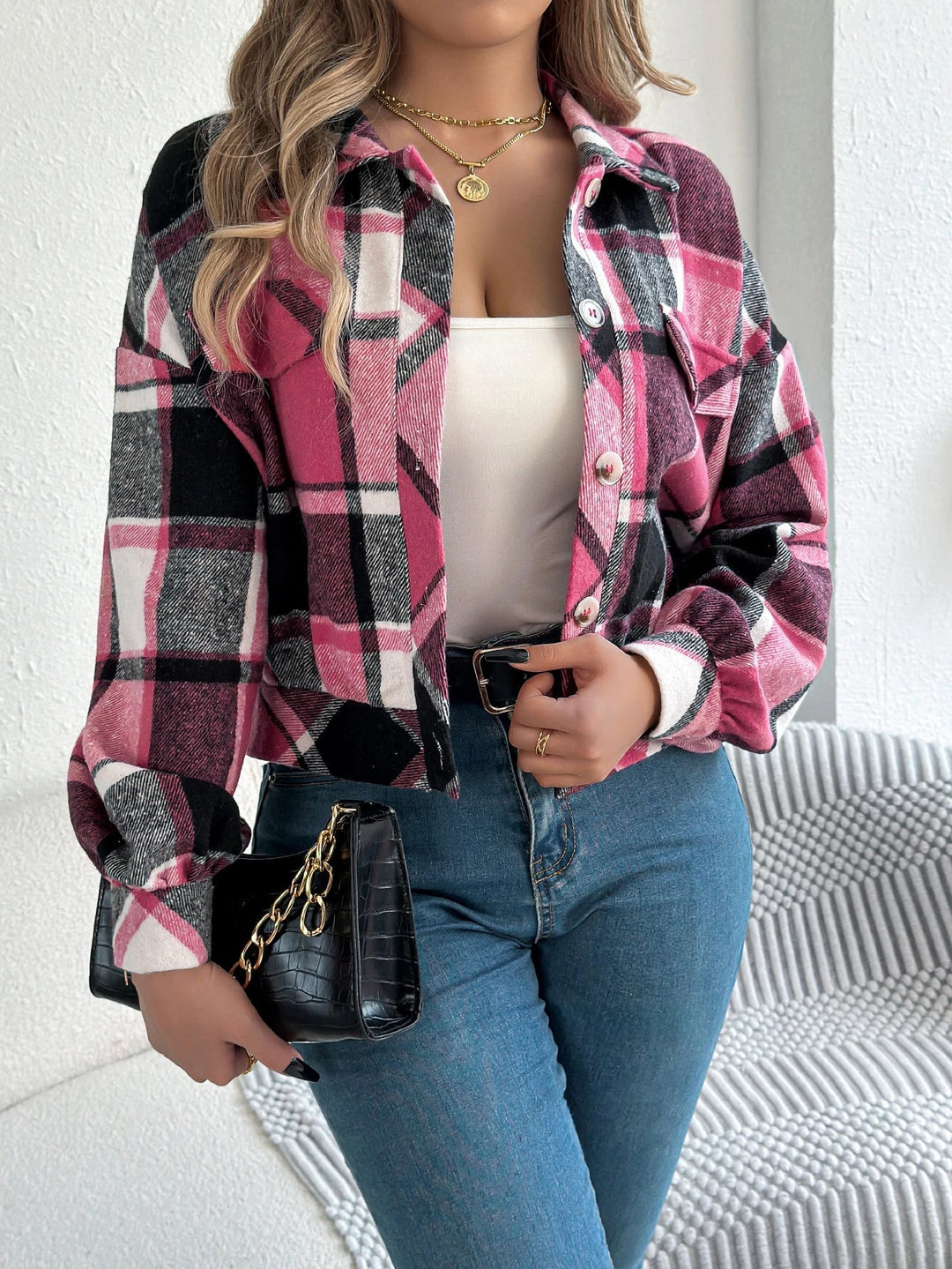 Tovaphine | Women's Shacket Cropped Plaid Flannel Shirt Jacket — Fuchsia