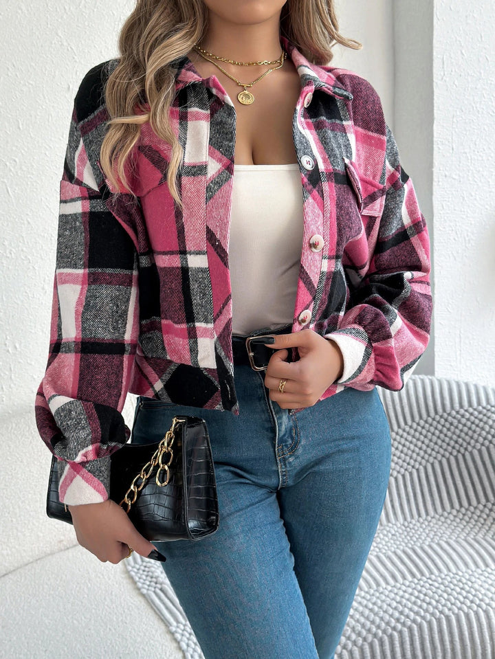 Tovaphine | Women's Shacket Cropped Plaid Flannel Shirt Jacket — Fuchsia