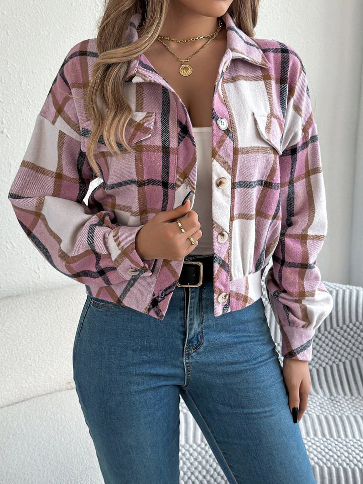 Tovaphine | Women's Shacket Cropped Plaid Flannel Shirt Jacket — Pink