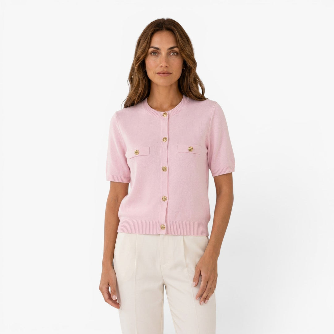 Tovastine | Women's Cozy Short Sleeve Knit Cardigan with Gold-Tone Buttons Sweaters — 1