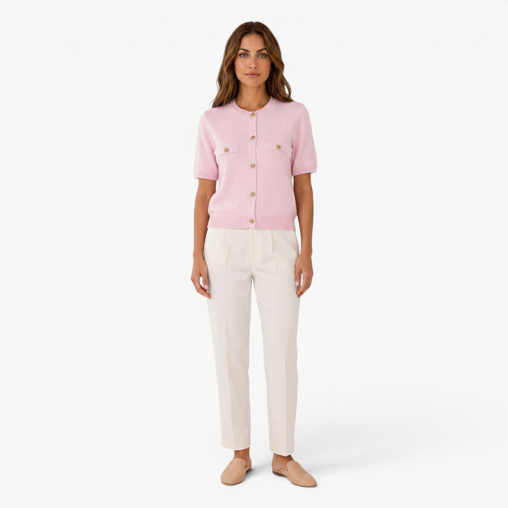 Tovastine | Women's Cozy Short Sleeve Knit Cardigan with Gold-Tone Buttons Sweaters — 2