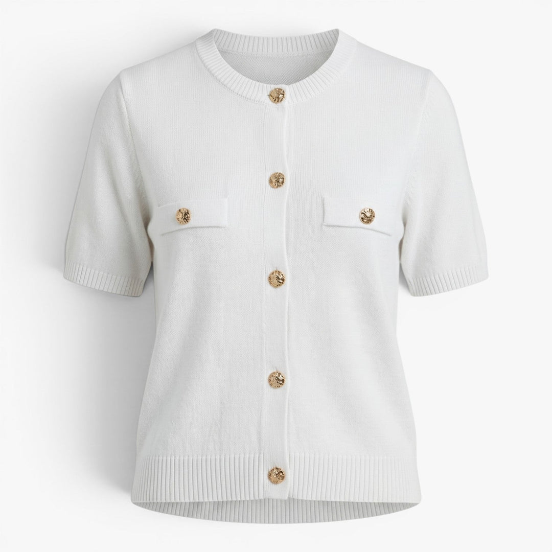 Tovastine | Women's Cozy Short Sleeve Knit Cardigan with Gold-Tone Buttons Sweaters — Ivory