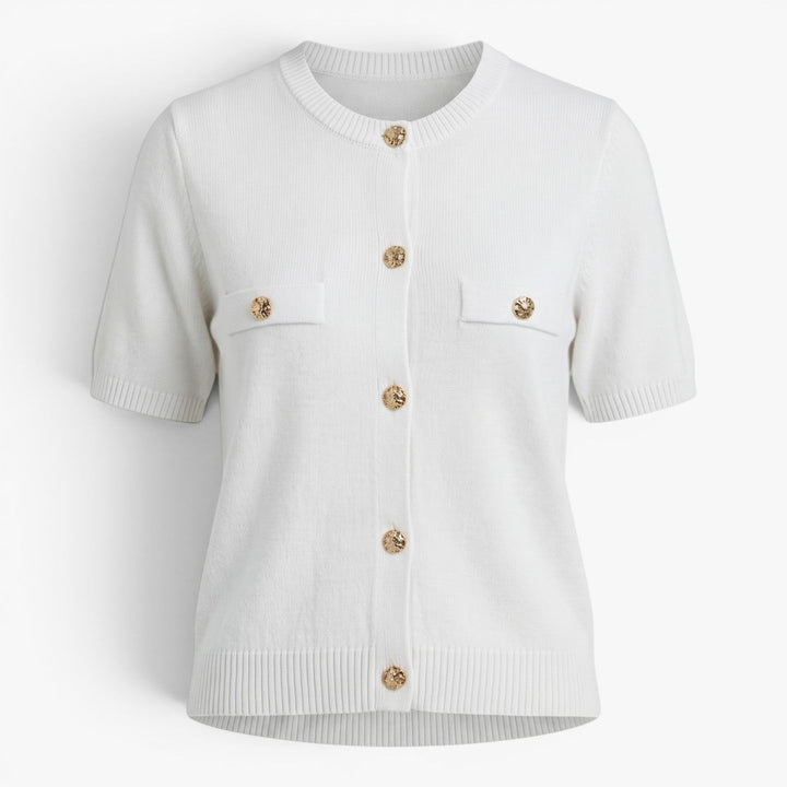Tovastine | Women's Cozy Short Sleeve Knit Cardigan with Gold-Tone Buttons Sweaters — Ivory