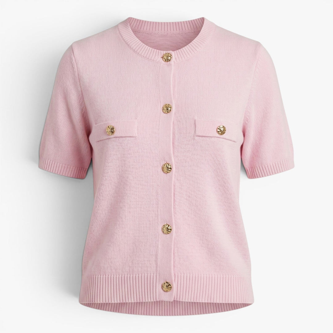 Tovastine | Women's Cozy Short Sleeve Knit Cardigan with Gold-Tone Buttons Sweaters — Pink