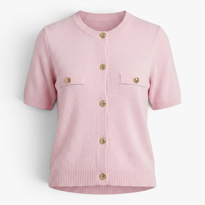 Tovastine | Women's Cozy Short Sleeve Knit Cardigan with Gold-Tone Buttons Sweaters — Pink