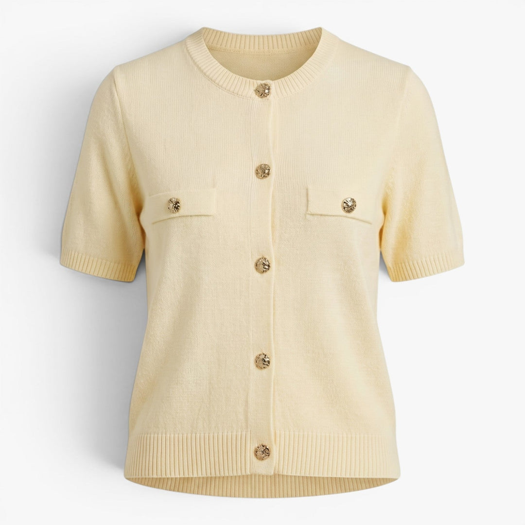 Tovastine | Women's Cozy Short Sleeve Knit Cardigan with Gold-Tone Buttons Sweaters — Yellow
