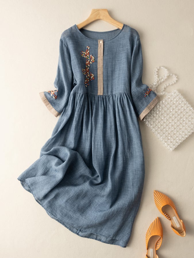 Ulrica | Women's Wedding Guest Elegant Embroidered Linen Midi Dress Dresses — Blue