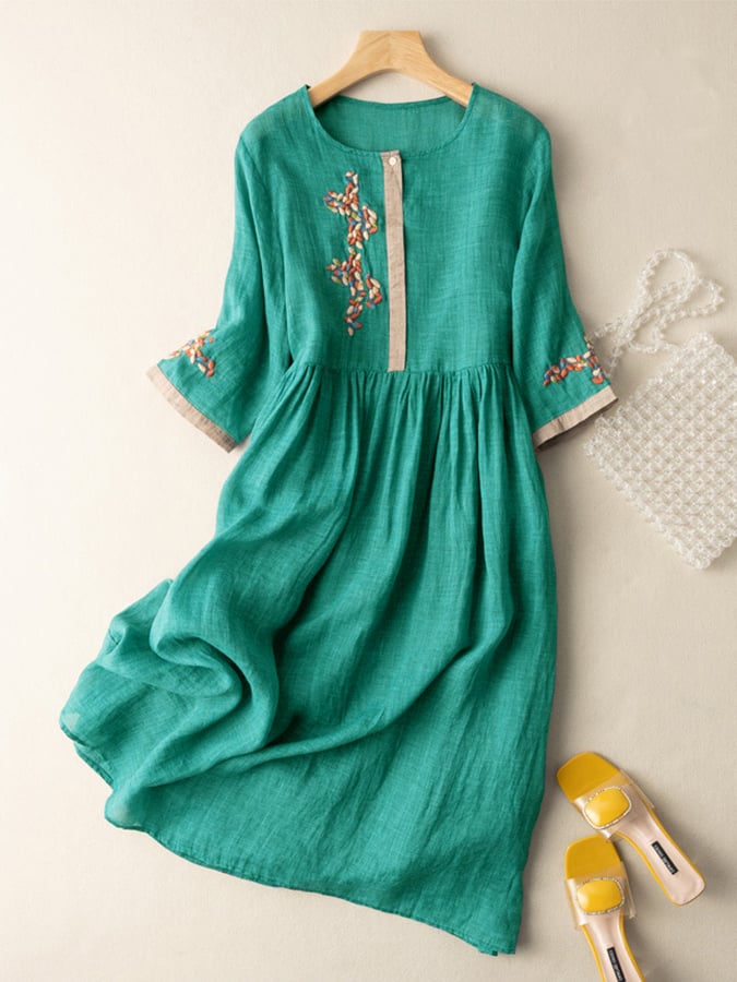 Ulrica | Women's Wedding Guest Elegant Embroidered Linen Midi Dress Dresses — Green