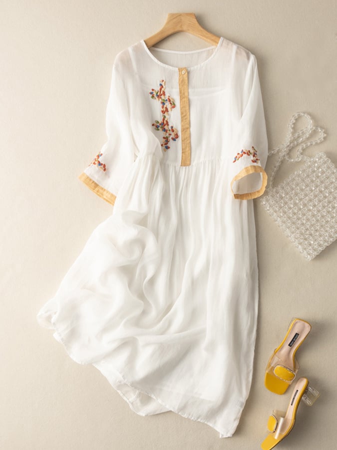 Ulrica | Women's Wedding Guest Elegant Embroidered Linen Midi Dress Dresses — White