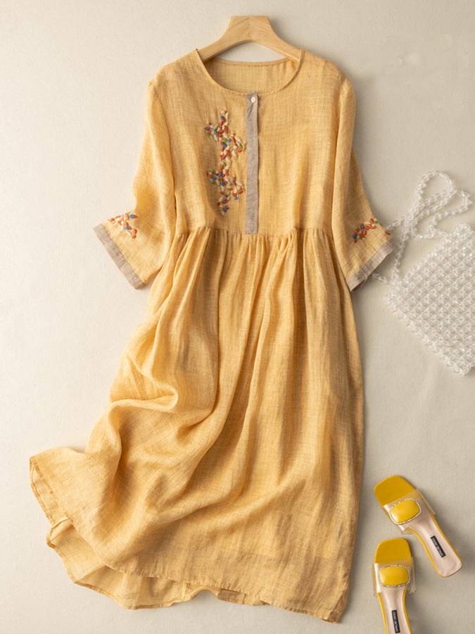 Ulrica | Women's Wedding Guest Elegant Embroidered Linen Midi Dress Dresses — Yellow