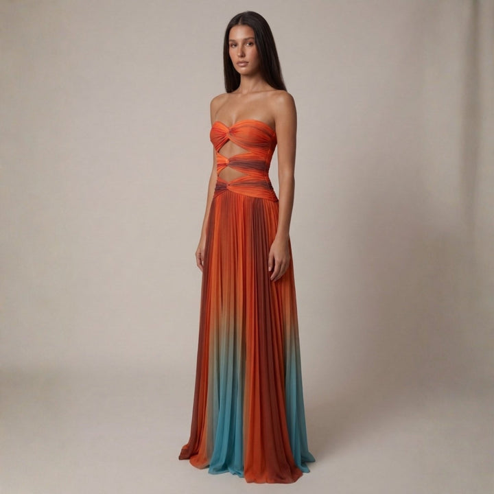 Una | Women's Wedding Guest Elegant The Santorini Cut-Out Ombré Maxi Dress Dresses — 3