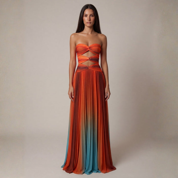 Una | Women's Wedding Guest Elegant The Santorini Cut-Out Ombré Maxi Dress Dresses — Multicolor