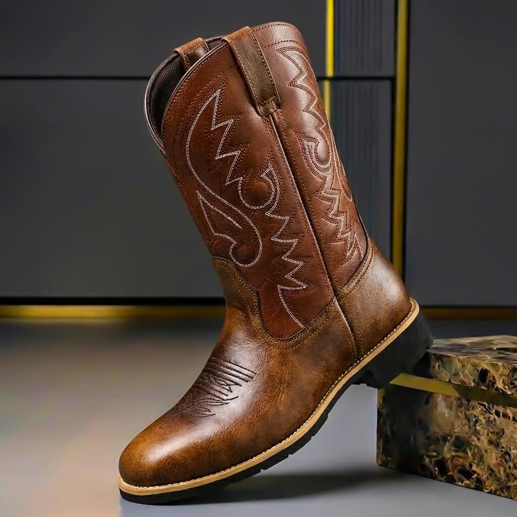 Unaina | Women's Stylish Embroidered Heritage Leather Boots — Cognac Brown