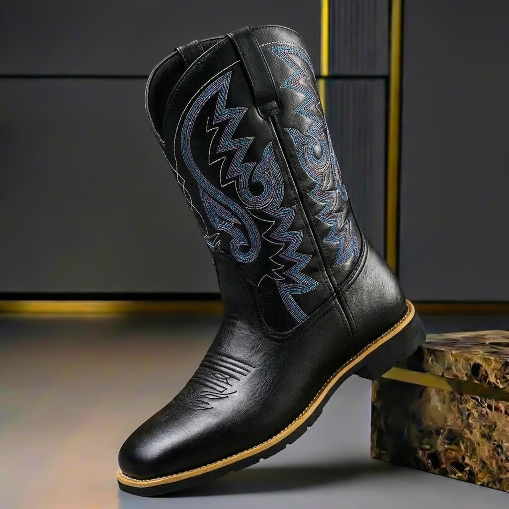 Unaina | Women's Stylish Embroidered Heritage Leather Boots — Obsidian Black