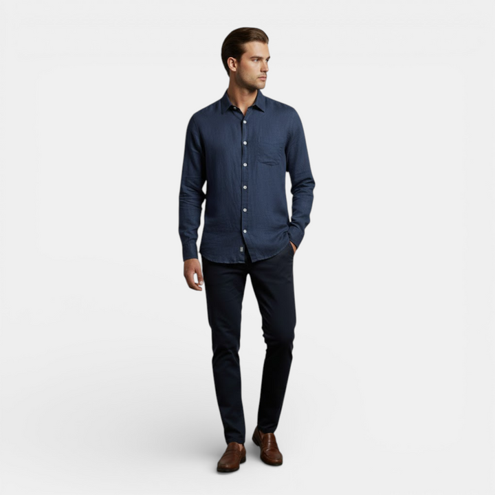  Woman modeling a lightweight casual shirt with a calm everyday style.
