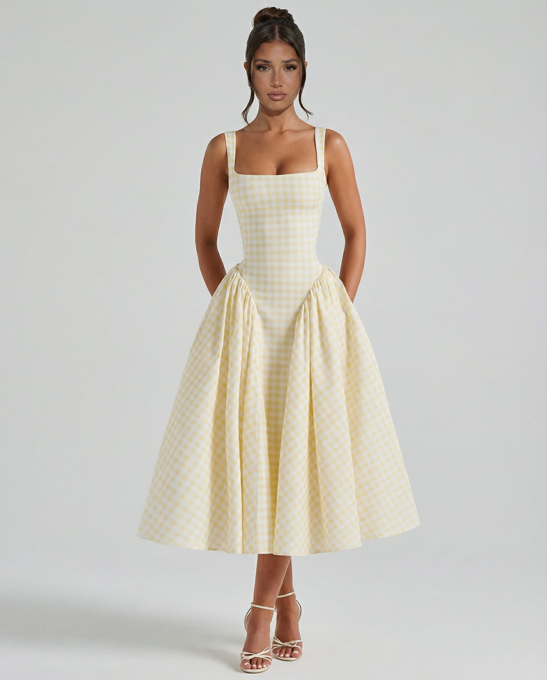 Ursulina | Women's Wedding Guest Elegant Midi Dress with Gingham Corset and Square Neck Dresses — 1