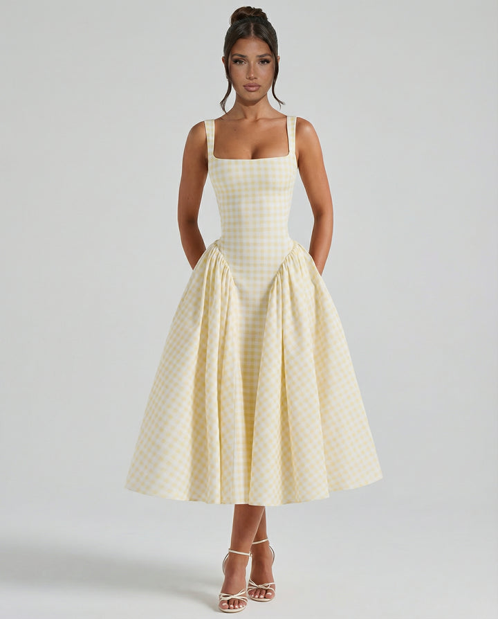 Ursulina | Women's Wedding Guest Elegant Midi Dress with Gingham Corset and Square Neck Dresses — 1