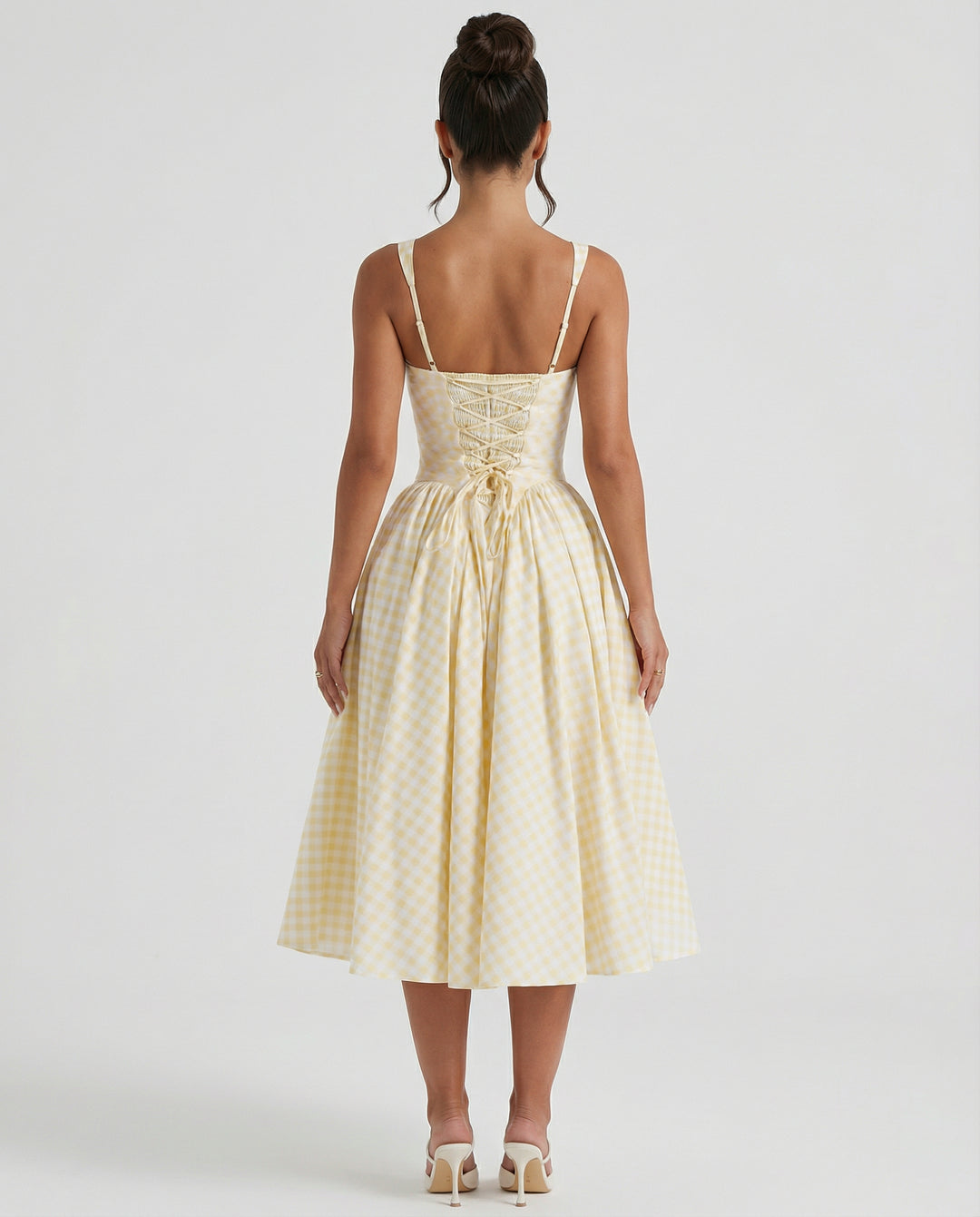 Ursulina | Women's Wedding Guest Elegant Midi Dress with Gingham Corset and Square Neck Dresses — 2