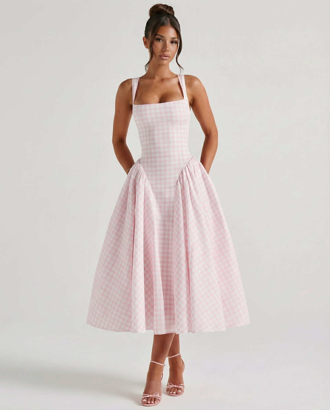 Ursulina | Women's Wedding Guest Elegant Midi Dress with Gingham Corset and Square Neck Dresses — Pink