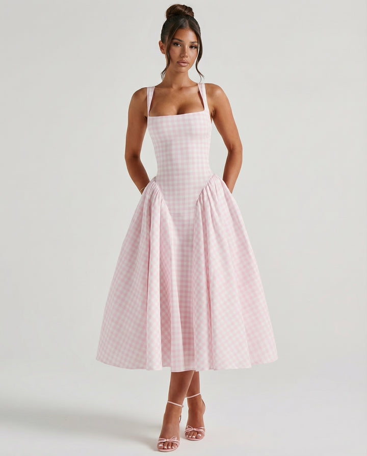 Ursulina | Women's Wedding Guest Elegant Midi Dress with Gingham Corset and Square Neck Dresses — Pink