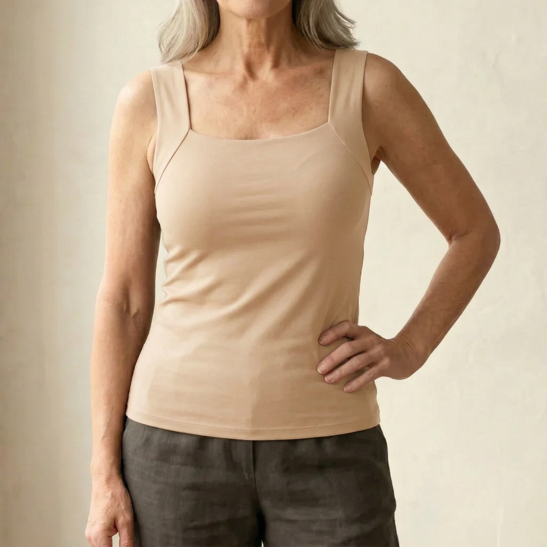Valentina | Women's Casual Stretch Square Neck Built-In Bra Tank Top — Beige