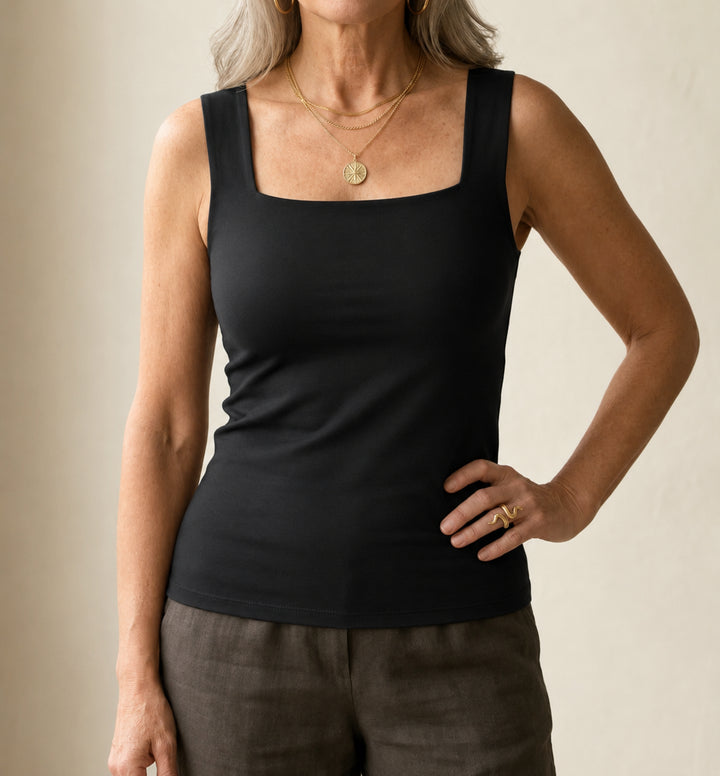 Valentina | Women's Casual Stretch Square Neck Built-In Bra Tank Top — Black