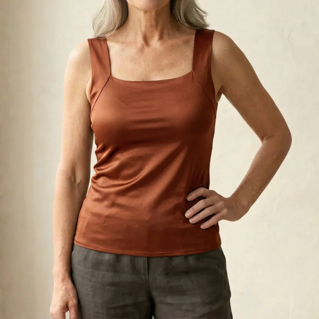 Valentina | Women's Casual Stretch Square Neck Built-In Bra Tank Top — Brown