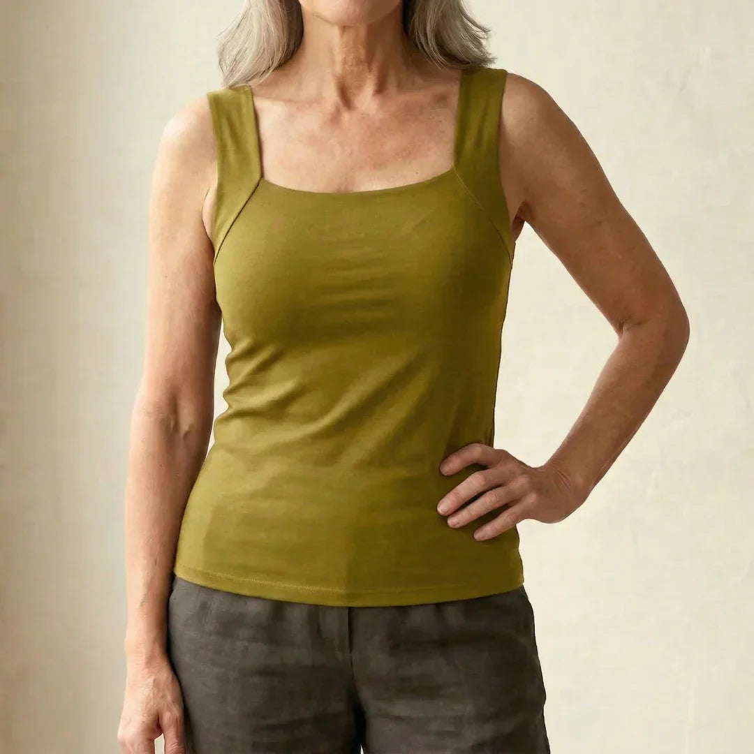 Valentina | Women's Casual Stretch Square Neck Built-In Bra Tank Top — Dark Green
