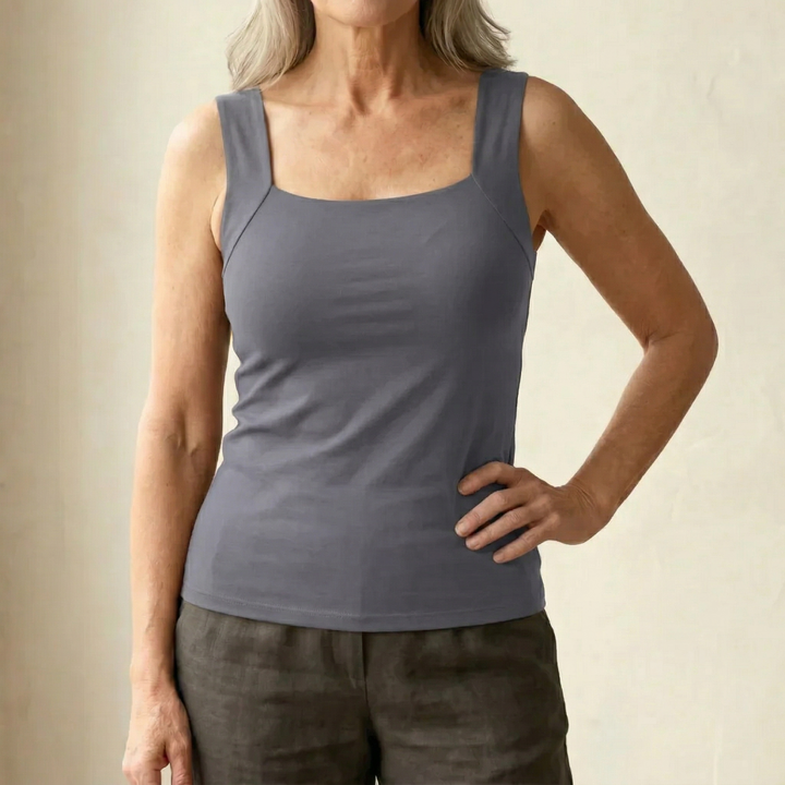 Valentina | Women's Casual Stretch Square Neck Built-In Bra Tank Top — Gray