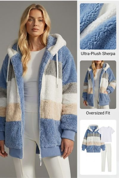 Veraetta | Women's Oversized Teddy Jacket Striped Hooded Faux Fur Coat — 1