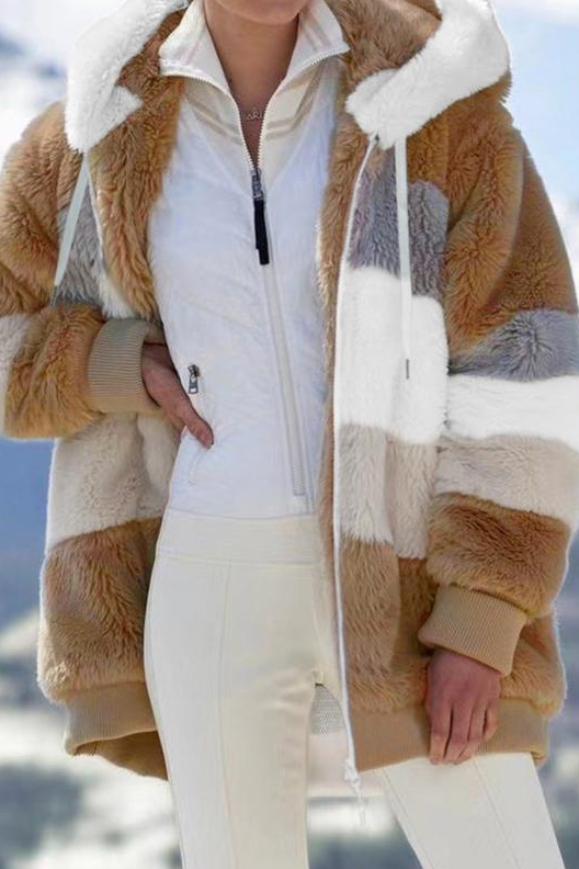 Veraetta | Women's Oversized Teddy Jacket Striped Hooded Faux Fur Coat — Fawn Brown