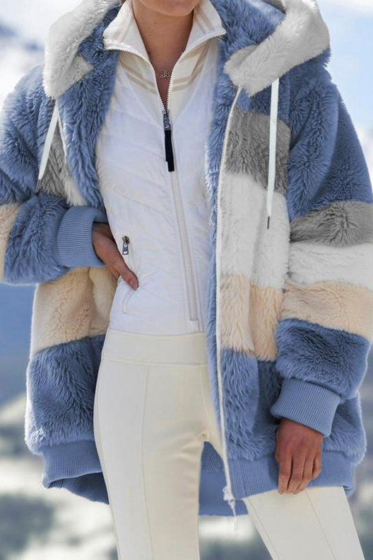 Veraetta | Women's Oversized Teddy Jacket Striped Hooded Faux Fur Coat — Light Blue