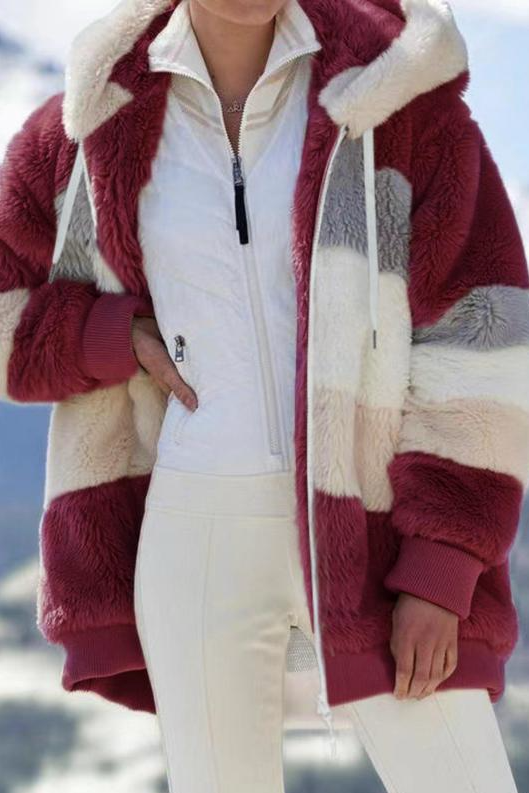Veraetta | Women's Oversized Teddy Jacket Striped Hooded Faux Fur Coat — Red