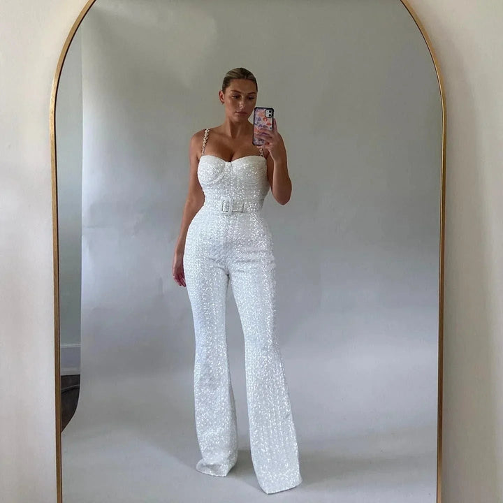 Verenadessa | Women's Elegant Glamorous Sequin Wide-Leg Jumpsuit — White