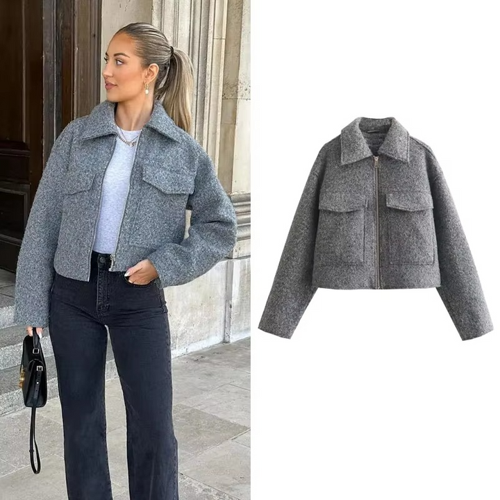 Verenaora | Women's Refined Cropped Tweed Jacket with Front Zip and Pockets — 2