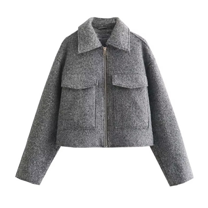 Verenaora | Women's Refined Cropped Tweed Jacket with Front Zip and Pockets — Gray