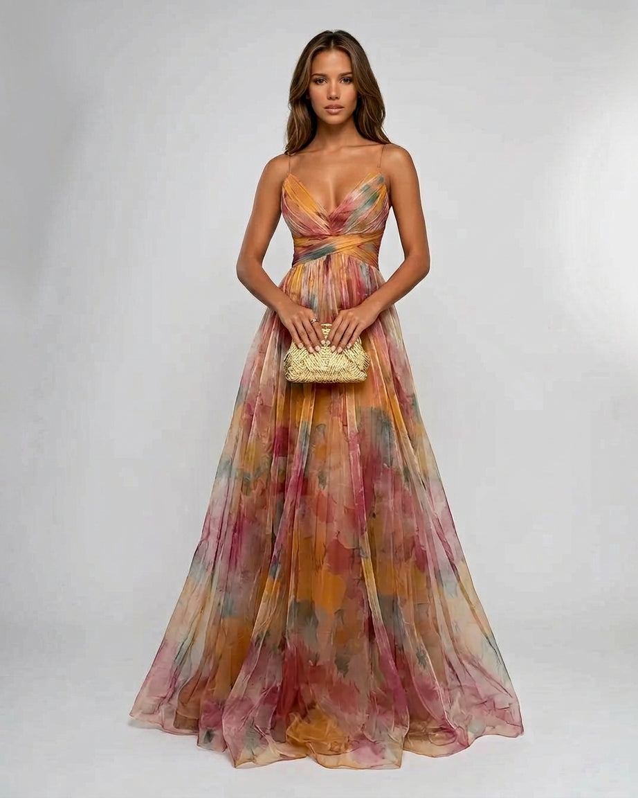 Vesperana | Women's Wedding Guest Elegant Pleated Floral Maxi Dress Dresses — Orange
