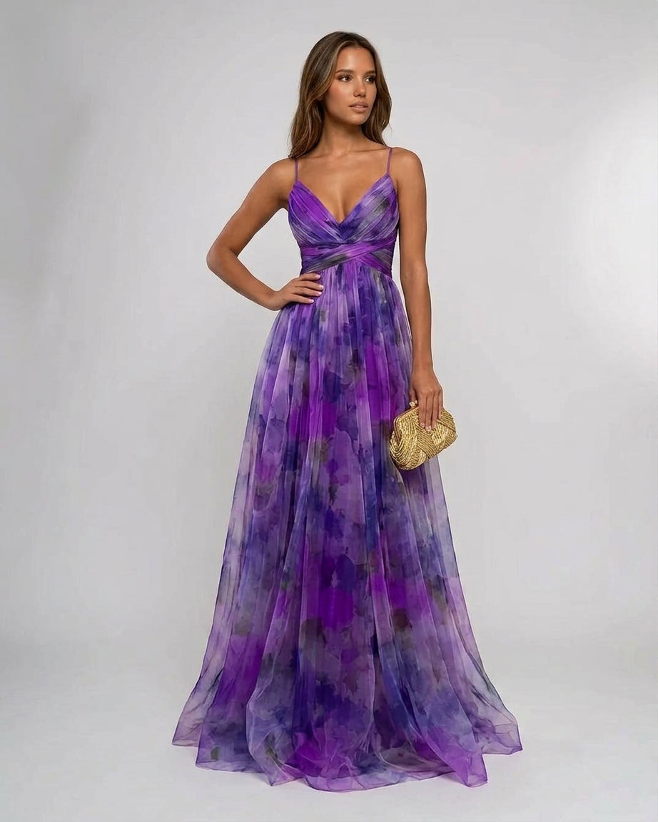 Vesperana | Women's Wedding Guest Elegant Pleated Floral Maxi Dress Dresses — Violet