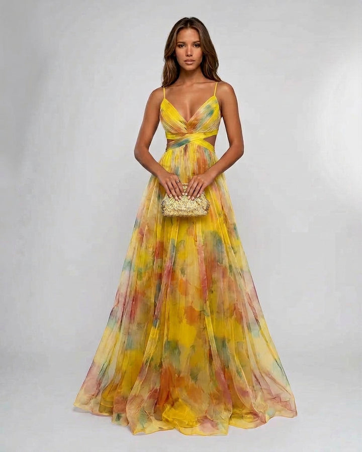 Vesperana | Women's Wedding Guest Elegant Pleated Floral Maxi Dress Dresses — Yellow