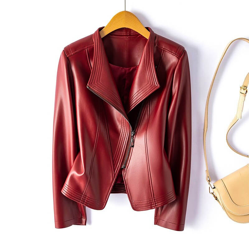 Vespereen | Women's Casual Stretch Stylish Leather Biker Jacket with Wide Lapel and Asymmetric Zipper Top — Crimson Red