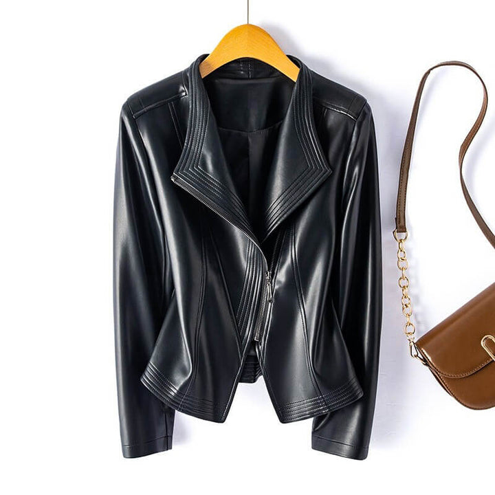 Vespereen | Women's Casual Stretch Stylish Leather Biker Jacket with Wide Lapel and Asymmetric Zipper Top — Jet Black