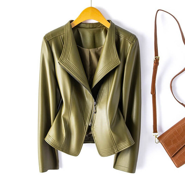 Vespereen | Women's Casual Stretch Stylish Leather Biker Jacket with Wide Lapel and Asymmetric Zipper Top — Olive Green
