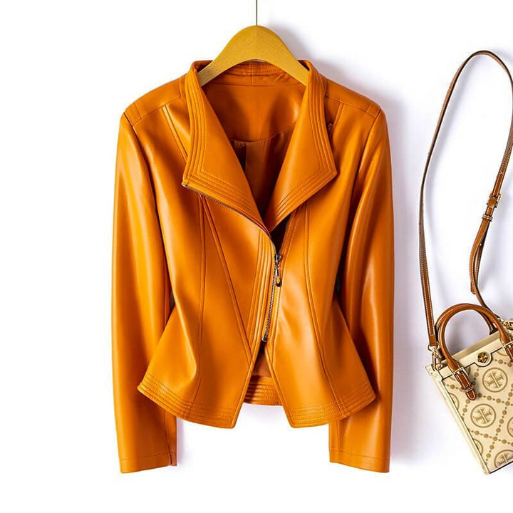 Vespereen | Women's Casual Stretch Stylish Leather Biker Jacket with Wide Lapel and Asymmetric Zipper Top — Saffron Orange