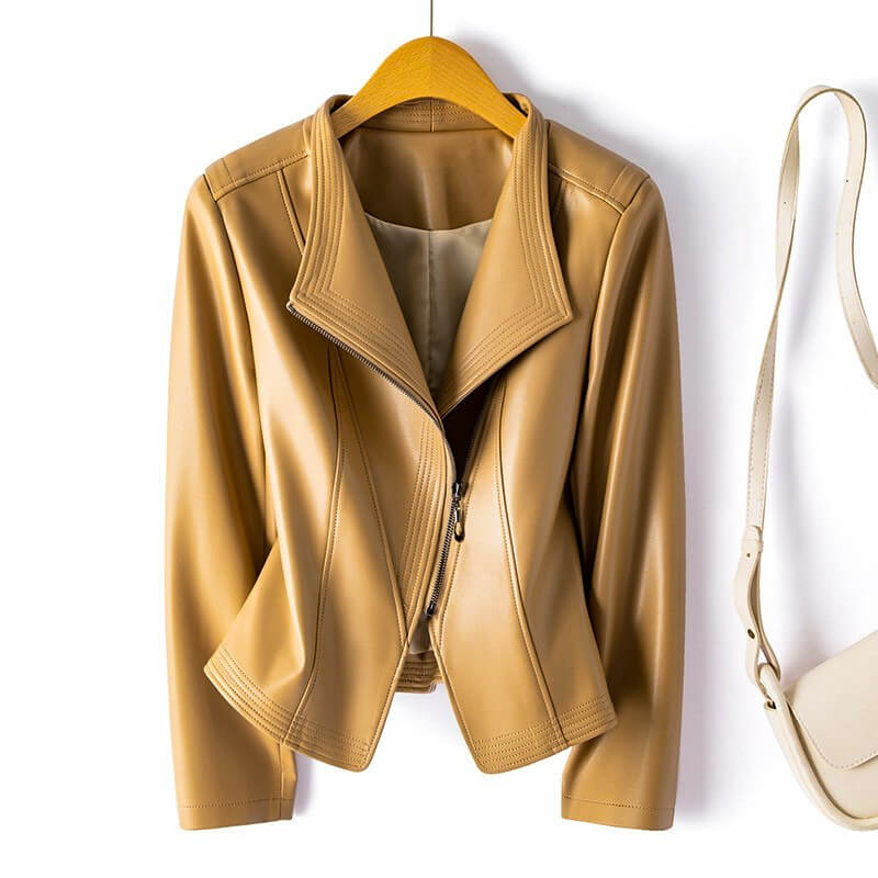 Vespereen | Women's Casual Stretch Stylish Leather Biker Jacket with Wide Lapel and Asymmetric Zipper Top — Warm Beige