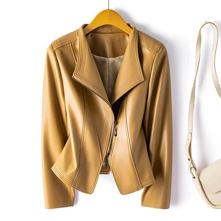 Vespereen | Women's Casual Stretch Stylish Leather Biker Jacket with Wide Lapel and Asymmetric Zipper Top — Warm Beige