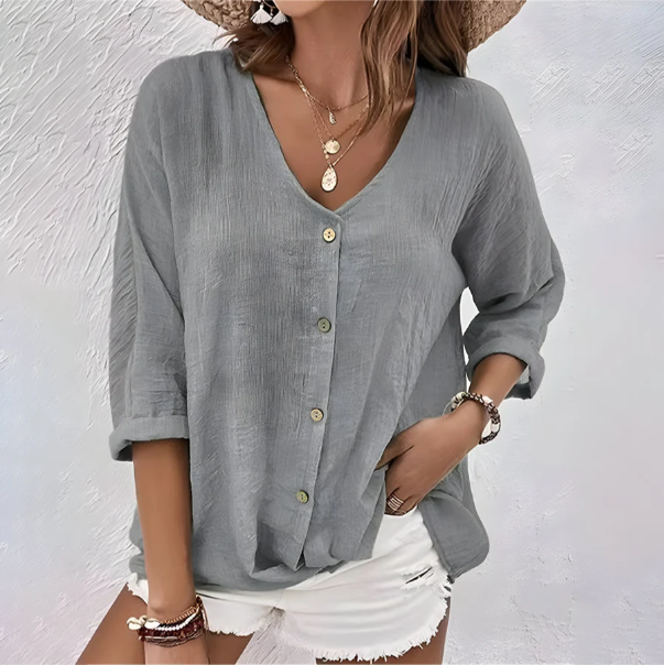 Vespervanne | Women's Linen Casual Relaxed Button-Up Blouse — Grey